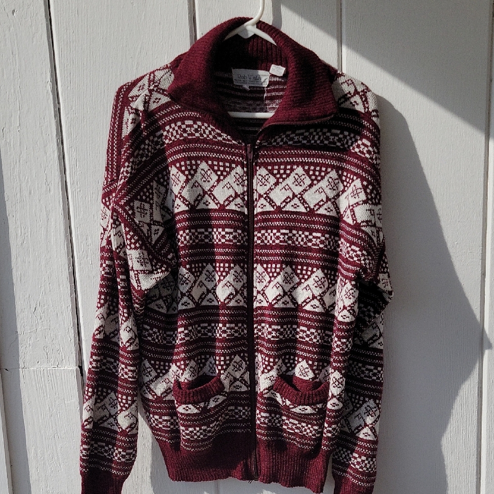 Men's Sweater Maroon and Cream Patterned Cardigan Fair Isle Long Sleeve